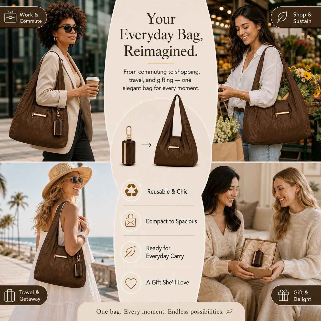 👜 2-in-1 Transformable Charm Tote Bag – Compact Keychain to Spacious Everyday Bag